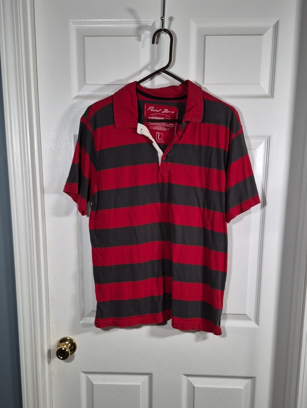Point Zero Red and Charcoal Wide-Stripe Polo